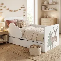 Happy Babies Kinderbett "Wolke" 140x70 cm Weiß | Komplett-Set inkl. Matratze, Schublade & Rausfallschutz | Juniorbett, Bunte Tiere