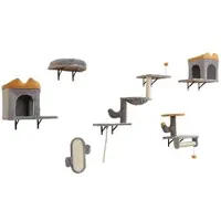 Costway 6 PCS Kletterwand Katzen, 3-stöckige Kratzbaum Wand mit Ball & Plattformen, 2 Katzenhöhlen, Hängematte, 1 Bett&1 Kratzbrett, Katzenbaum Grau
