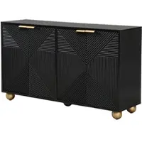 Merax Sideboard schwarz mit 4 Türen, 3D Struktur Front, Aufbewahrungsschrank mit goldenen Griffen & Metallbeinen