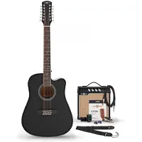 Gear4Music Dreadnought-12-Saiter-Elektroakustikgitarre Schwarz mit 15-Watt-Verstärker und Zubehörset