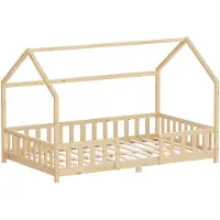ML-Design Kinderbett 120x200cm mit Rausfallschutz, Dach & Lattenrost Natur Montessori Bodenbett aus massivem Kiefernholz Hausbett für Mädchen & Jungen