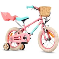 Sun baby Mädchen fahrrad Kinderfahrrad für Mädchen 14 Zoll 7,49 kg mit Freilauf Fahrrad mit Puppensitz Stützrädern Korb Klingel V-Brake Bremsen LOVEL rosa