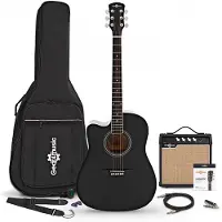 Gear4Music Dreadnought Cutaway Linkshänder-Elektroakustikgitarre Schwarz mit 15-Watt-Verstärker und Zubehörset