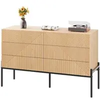 Merax Sideboard mit 6 Schubladen, Kommode Holzoptik mit 3D Struktur, Aufbewahrungsschrank, Metallbeine, Wohnzimmer, Naturholzfarbe