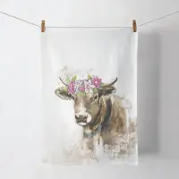 Ambiente Küchentuch Kuh mit Blumenkranz Design Baumwolle 50x70cm - Küchenwäsche Landhausstil Geschirrtuch Wischtuch Trockentuch Küchenhandtuch Weiß Braun