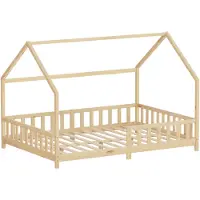 ML-Design Kinderbett 140x200cm mit Rausfallschutz, Dach & Lattenrost Natur Montessori Bodenbett aus massivem Kiefernholz Hausbett für Mädchen & Jungen