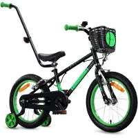 Sun baby Kinderfahrrad 16 Zoll für Jungen 4 5 6 Jahre 7,9 kg Schiebestange Stützräder Korb Klingel V-Bremse Aufkleber LOVEL schwarz grün