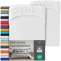 NYVI Edel Jersey Spannbettlaken Deluxe für Matratzen bis 25 cm Steghöhe - 100% Baumwolle supergekämmt, 140g/m2, Rundumgummizug Farbe:Weiß;Größe:90-100 x 200 cm (2er Set)