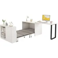 Merax 2-in-1 Schreibtisch mit Klappbett 188x90 cm – Multifunktionaler Raumsparer mit 4 cm dicke Matratze, Rollen & Stauraum, weiß