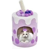 Markenlos COSTWAY Kratzbaum Kratztonne, Niedliche Milchteeform, Katzenbaum mit Sisalpfosten & Spielbällen, Katzenkratzbaum mit Höhle, Spieltonne für Katzen, Katzenmöbel Kratzturm, 37x37x67cm (Lila)