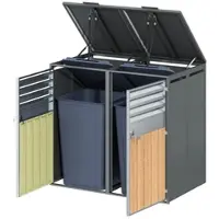 OKWISH Mülltonnenbox Zwei Fächer Hydraulik Klappdeckel Abschließbare Türen Lüftungsgitter Außenbereich Stahl Grau Holzoptik