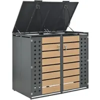 OKWISH Mülltonnenbox Hydraulischem Klappdeckel Abschließbaren Doppeltüren Zwei Fächern Mülltrennung Für Garten Und Hof Stahl Grau Holzoptik
