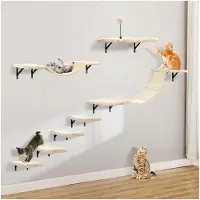 Markenlos Katzenkletter-Set zur Wandmontage, mit Kletterregalen, Sitzstangen, Brücke, Hängematte, Kratzbrett und Ball, 7-teiliges Holz-Katzenmöbel für den Innenbereich, Beige