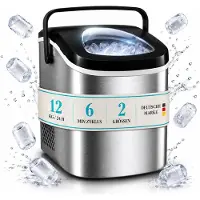 Tom Eiswürfelmaschine Eiswürfelbereiter Edelstahl 1,3 Liter mit Eiszange | 12kg / 24h | 2 Größen | LED-Display | Herausnehmbarer Eiswürfelkorb