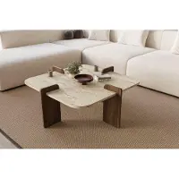 Skye Decor , Moderner Couchtisch (90 x 35 x 90 cm), Travertin & Walnuss, 100% melaminbeschichtete Spanplatte | Zerlegt, elegantes Design für stilvolle Wohnräume.