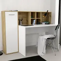 Forte ERIADU Schreibtisch 160, moderner Scheibtisch mit Stauraumfächern und Schranktür, Holzwerkstoff, Weiß mit Artisan Eiche Holzdekor, 158 cm breit x 116 cm hoch x 66 cm tief