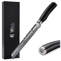 Wakoli EBO Damast Brotmesser I 20 cm Klinge mit Wellenschliff & Hammerschlag I schwarzer Eichenholzgriff