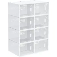 JTI 8er Set Schuhboxen, Schuh-Organizer mit magnetischen Türen, Schuhkarton mit Deckel, Schuhaufbewahrung aus Kunststoff, für Schuhe bis Größe 45, Transparent+Weiß