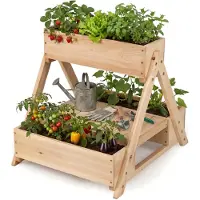 Costway vertikales Hochbeet, A-Rahmen, 2 Etagen Blumenbeet Tannenholz, Gartenbeet mit 3 Pflanzkästen & offener Ablage, Blumenkasten 66 x 58 x 60 cm