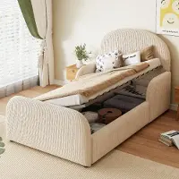 SUCCESS COURIER Polsterbett 90x200 cm mit hydraulischem Stauraum Samt Kinderbett Jugendbett mit Kopfteil & Rausfallschutz Beige Ohne Matratze