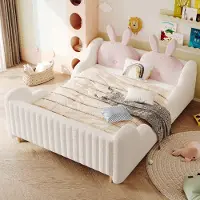 OKWISH Kinderbett 140×200 mit Matratze und Kissen in Hasenform, Polsterbett mit Sicherheitsgeländer, Doppelbett in Weiß