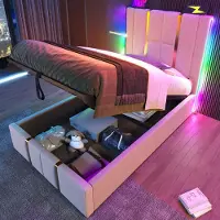 Youjia Polsterbett USB Type C Ladefunktion APP-Control LED Einzelbett 90×200 Stauraumbetten Bettgestell, Lattenrost aus Holz