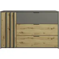 Masseno Kommode MERIDIAN 125 cm Sideboard mit 3 Schubladen und 1 Türen für Wohnzimmer Schlafzimmer Modern 125x36,5x79,8 cm Grau / Eichefarben