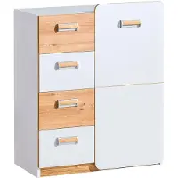 Masseno Kommode MANTI 80 cm Sideboard mit 4 Schubladen und 1 Türen für Wohnzimmer Schlafzimmer Modern 80x40x99,5 cm Weiß / Eichefarben