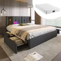 STILVORA Polsterbett 160x200cm Doppelbett mit 4 Schubladen und Lattenrost,Stauraumbett Kabellosem Laden&USB und Typ-C,Grau (mit Matratze)