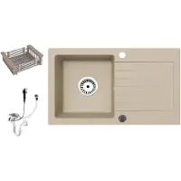 Faizee Home [Granitspüle 76x44 +Spülkorb ] Hochwertige beidseitig Montierbare Eckige Granit Spülbecken f. Unterschränke ab 45 cm inkl.Siphon Set, Farben:Beige