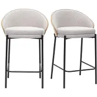 Miliboo - Barhocker aus samtartigem, texturiertem Stoff in Beige, dunklem Holz und Metall H65 cm (2er-Set) TUCSON