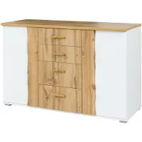 Masseno Kommode OSVIN 130 cm Sideboard mit 4 Schubladen und 2 Türen für Wohnzimmer Schlafzimmer Modern 130x45x82 cm Eiche Wotan / Weiß
