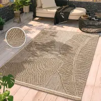 TT Home Outdoor Teppich Wetterfest Balkon Esszimmer Küche Boho Design Blattmotiv Florale Optik Unifarben Mit Fransen 3D Effekt Größe 160x220 cm