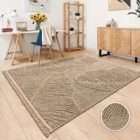 TT Home Outdoor Teppich Wetterfest Balkon Esszimmer Küche Boho Design Blattmotiv Florale Optik Unifarben Mit Fransen 3D Effekt Größe 120x160 cm