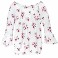 Kidsworld Carmenshirt "Viskose-Shirt" weite Passform, mit Blumenmuster und Aufdruck, Carmenausschnitt