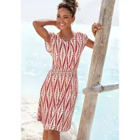 LASCANA Jerseykleid "mit breitem Smokbund und Alloverprint" Ohne Taschen kurzes Sommerkleid, Druckkleid, Viskosekleid, luftiges Strandkleid