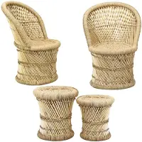 Marrakesch Orient & Mediterran Interior Marrakesch Stuhl Gartenstuhl und Hocker aus Bambus Balkon Möbel Set Aleja Benita 4 Teilig ø 42 cm | Ideal im Garten Terrasse und Balkon