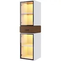 MODFU Glasvitrine MDF Weiß mit Walnussoptik, 40x40x200 cm, 2 Glastüren, 1 Schublade, LED-Beleuchtung