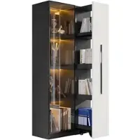 Merax LED Vitrinenschrank 70×40×160 cm, Multifunktionsschrank mit Glasvitrine, Bücherregal & Aufbewahrungsschrank, Rollschrank schwarz & weiß