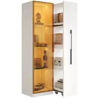 Merax LED Vitrinenschrank 70×40×160 cm, Multifunktionsschrank mit Glasvitrine, Bücherregal & Aufbewahrungsschrank, Rollschrank modern weiß