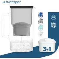 Wessper D2 BOROSILICATE Wasserfilterkanne 3 L Schwarz – Glasfilterkanne mit 4 AquaMax Filter, BPA-frei