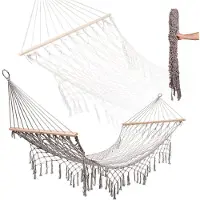 Kik Boho-Gartenhängematte aus Netzstoff mit Fransen, Makramee-Hängesessel, 200 cm, grau