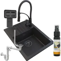 Granitan | GranitSpüle - Spülbecken 1-Kammer - 62x44 cm - Rechteckig - Schwarz - mit Küchenarmatur - mit Abtropffläche - ARGOS