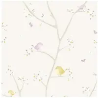 Casadeco My Little World Stoff Vögelchen lila grau lime