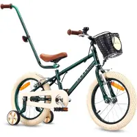 Sun baby Kinderfahrrad 16 Zoll für Jungen 4 5 6 Jahre Schiebestange Stützräder Korb Klingel V-Bremse Aufkleber LOVEL grün