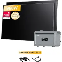 Growatt Powerness Balkonkraftwerk mit Speicher, NEXA 2000 All-in-One 2048Wh Speicher mit 2 x Sunpro 480Wp BC Bifaziale Full Black Solarmodule (0% MwS)