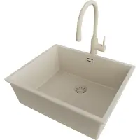 PrimaGran Unterbauspüle Granit Beige 56x47cm, Spülbecken 1 Becken + Küchenarmatur 38x14cm + Ablauf-Set, Granitspüle ab 60er Unterschrank - London