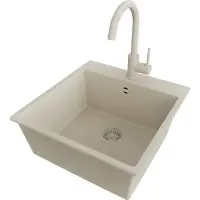 PrimaGran Granitspüle Beige 48x50cm, Spülbecken 1 Becken + Küchenarmatur 32x20cm + Ablauf-Set, Küchenspüle ab 50er Unterschrank - Riga