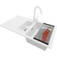 PrimaGran Granitspüle Weiß 90x50cm, Spülbecken 1,5 Becken + Küchenarmatur 32x20cm + Ablauf-Set, Küchenspüle ab 60er Unterschrank - Kopenhagen Duo
