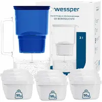 Wessper D2 BOROSILICATE Wasserfilterkanne 3 L Blau – Glasfilterkanne mit 10 AquaMax Filter, BPA-frei